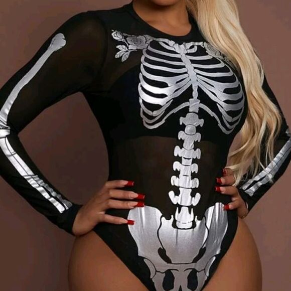 Black & Silver Skeleton Long Sleeved Bodysuit - Picture 1 of 7